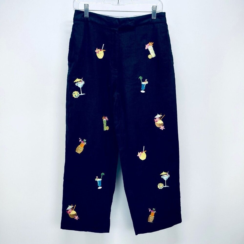 Saint Tropez Pants Sz 8 Women’s West Cropped Black Linen High-Rise Vacation